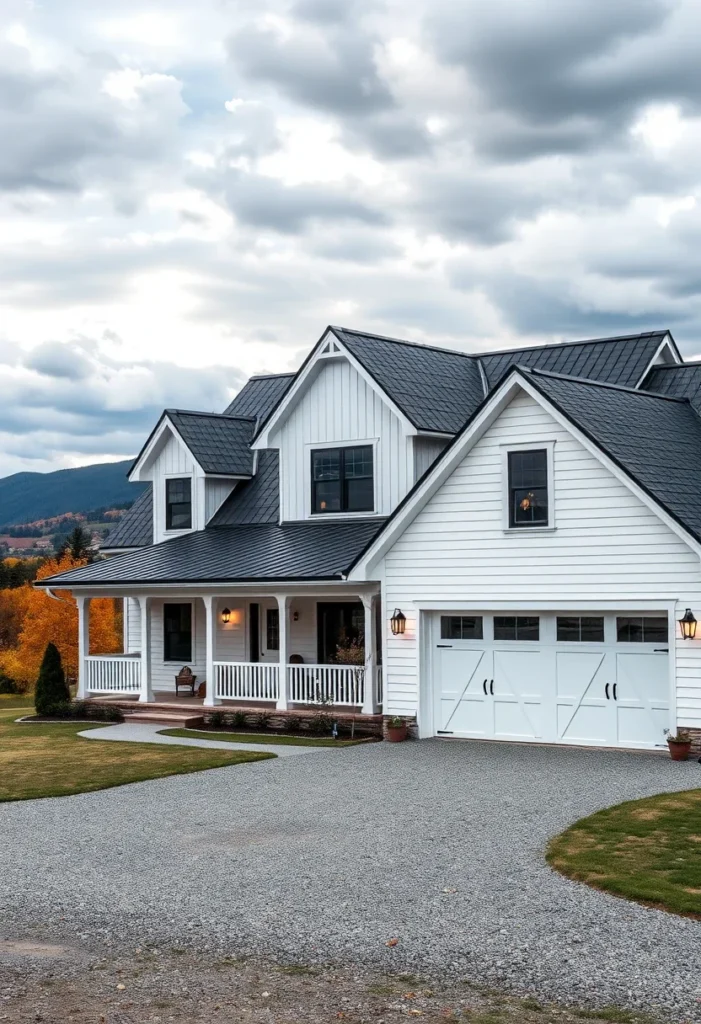 White farmhouse with black roof, front porch, and barn-style garage door.