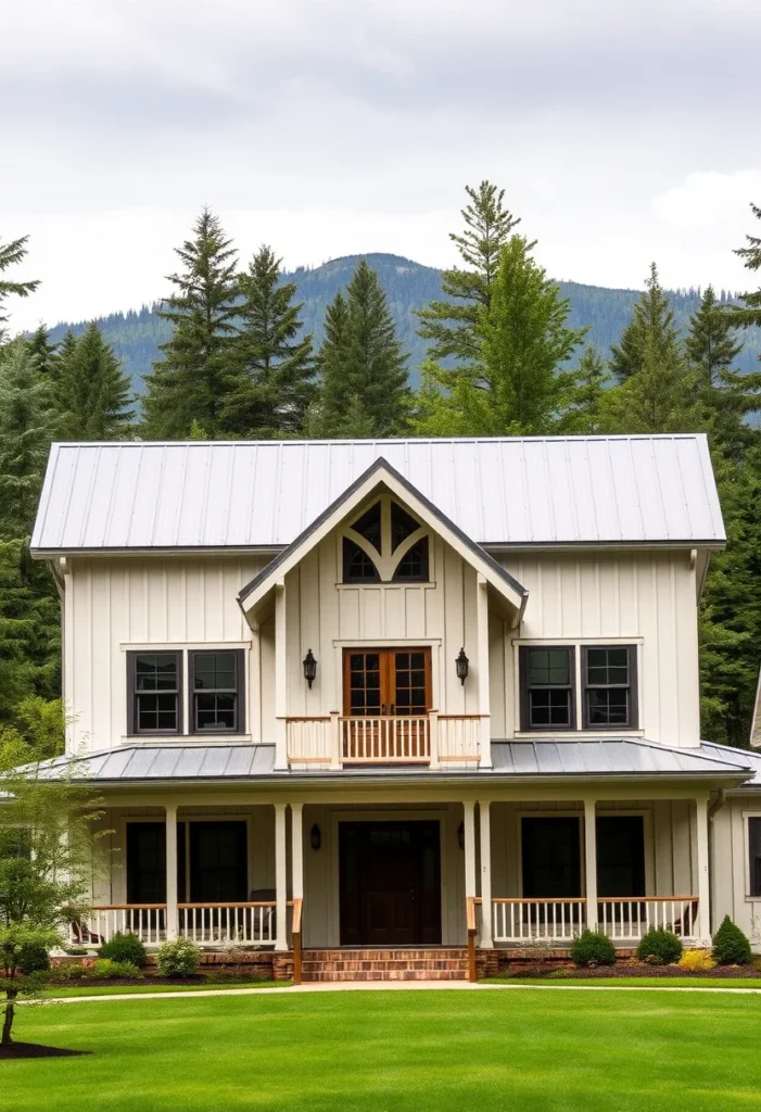 Elegant farmhouse exterior with board and batten siding, a wraparound porch, and a charming second-floor balcony.