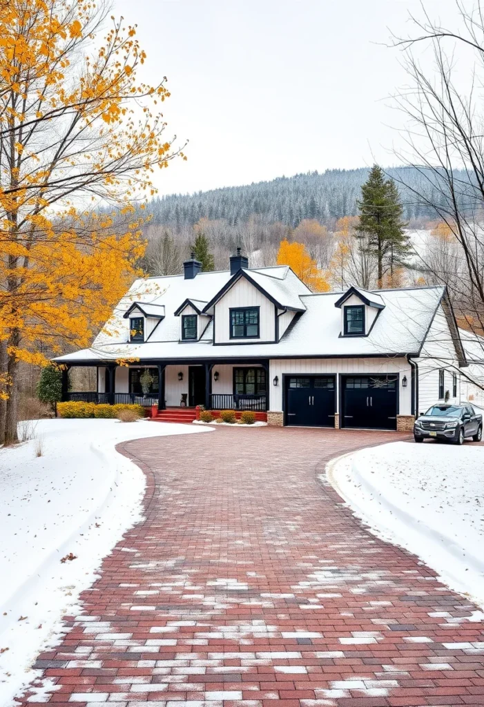 Snow-covered farmhouse with black trim, red brick driveway, and black garage doors.