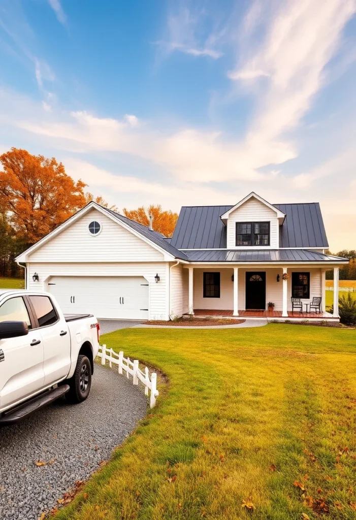 White farmhouse with metal roof, covered porch, and arched garage doors.