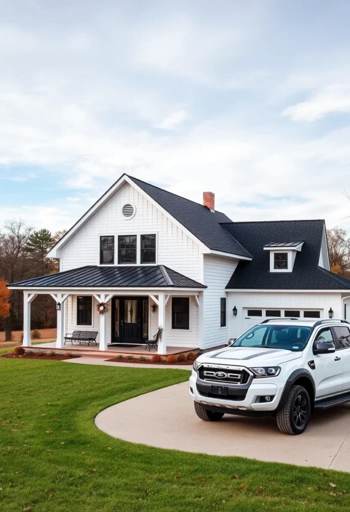 White farmhouse with black window trims, metal porch roof, and a spacious front porch.