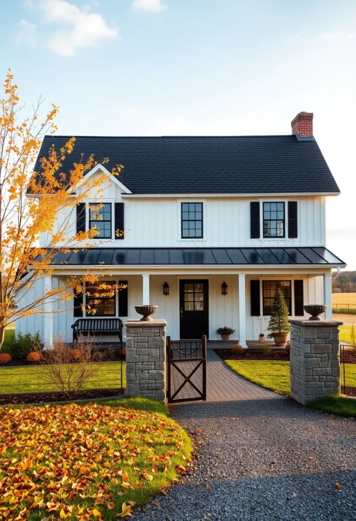 White farmhouse with black accents, board-and-batten siding, and a welcoming front gate.