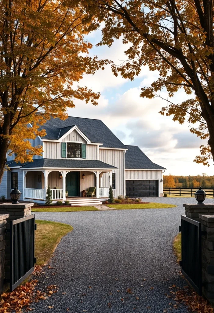 White farmhouse with green shutters, board-and-batten siding, and a cozy front porch.