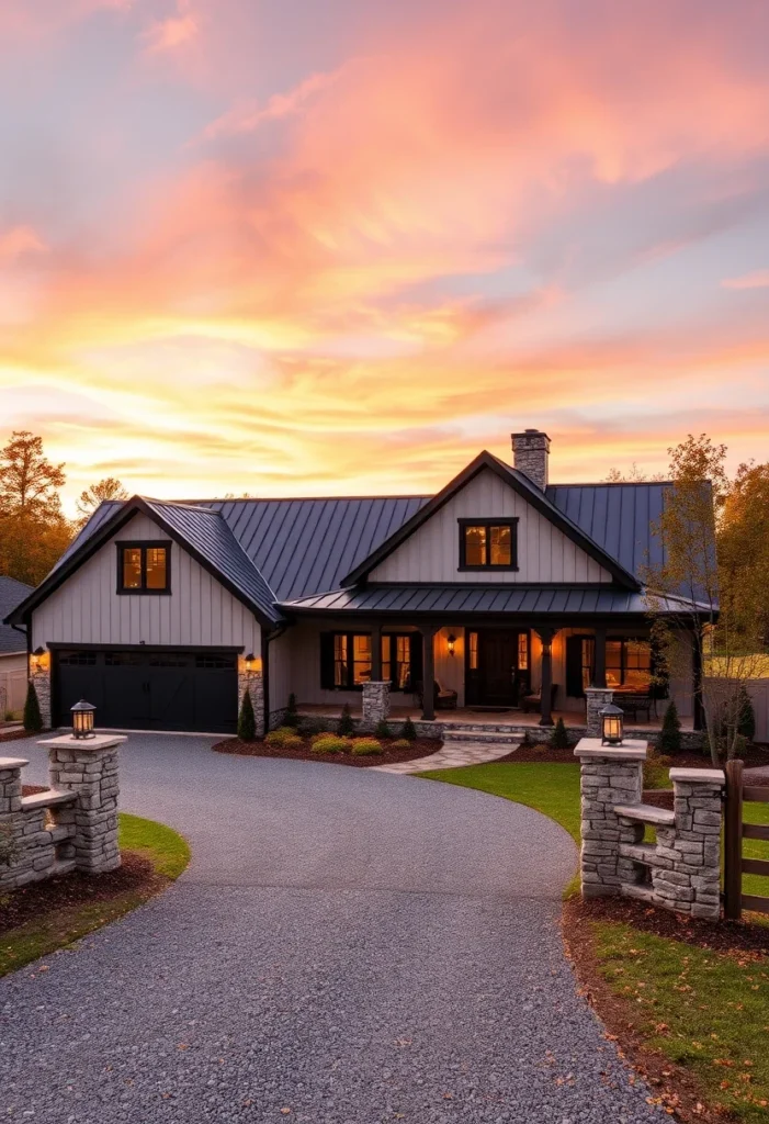 Modern farmhouse with black metal roof, stone pillars, and warm outdoor lighting at sunset.