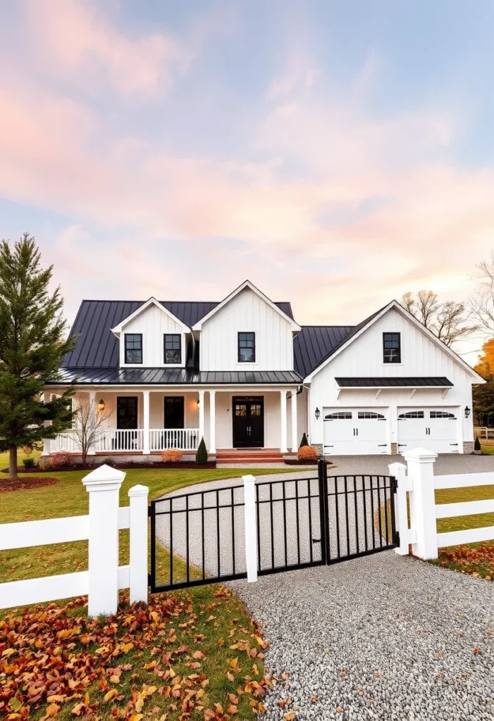 Modern farmhouse exterior with white siding and black accents