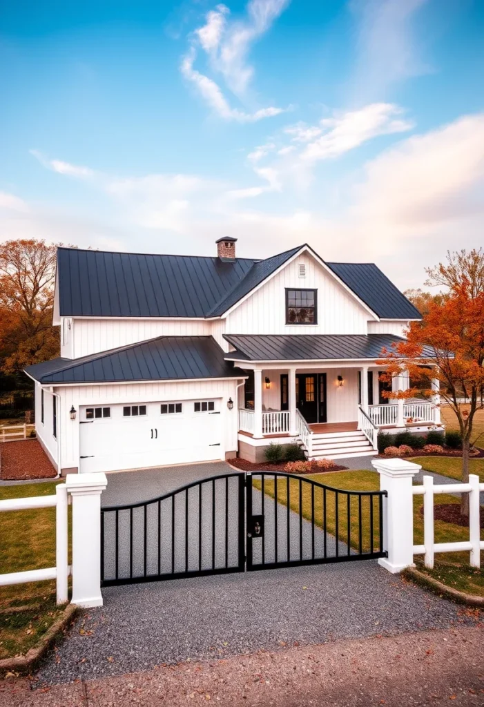 Modern farmhouse with porch and black metal roof