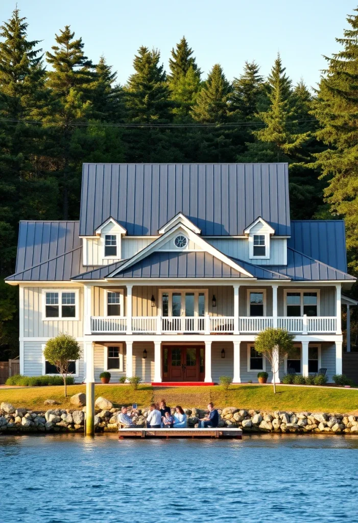 Lakefront modern farmhouse with two-story porch