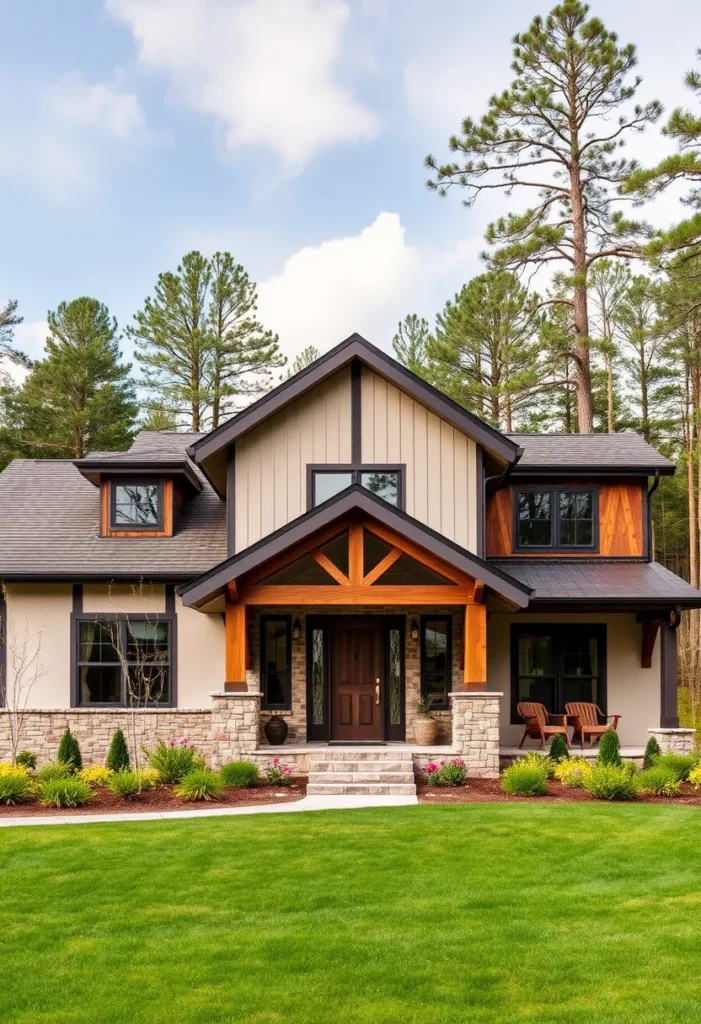 Mountain modern farmhouse with wood and stone exterior