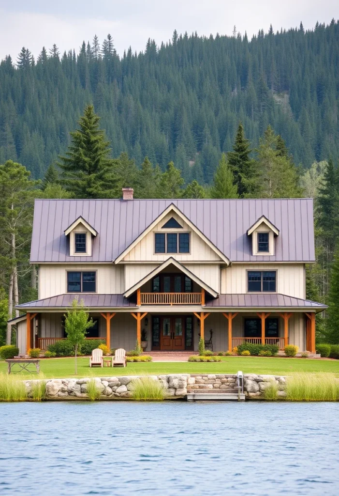 Rustic lakeside farmhouse with wood beams, a metal roof, and a wraparound porch.