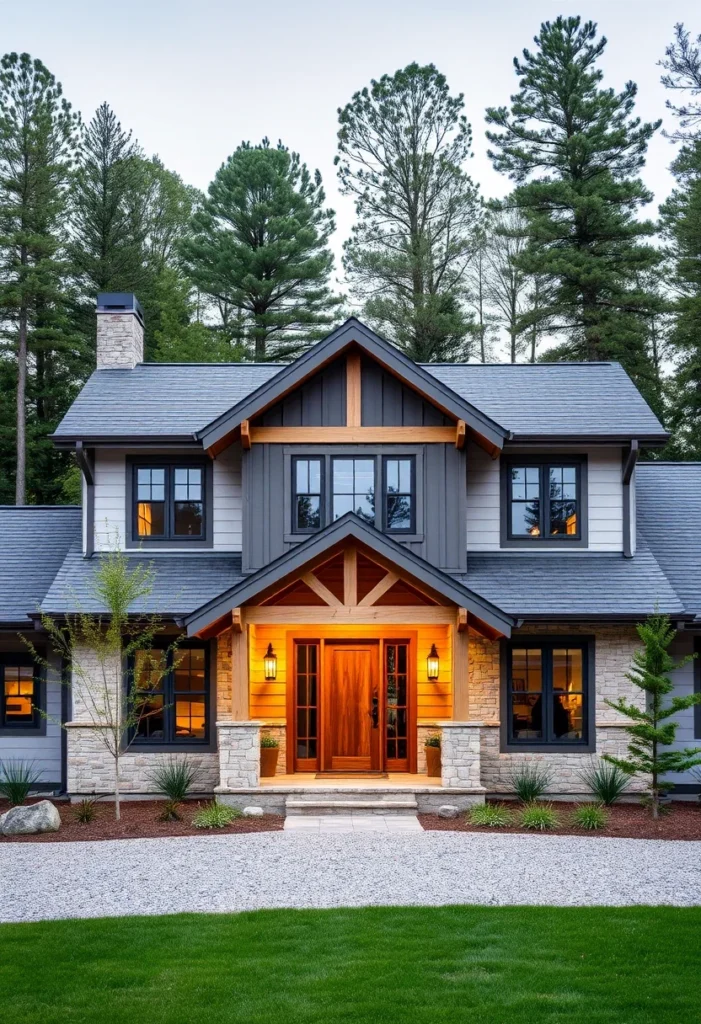 Modern mountain home with stone and wood entryway