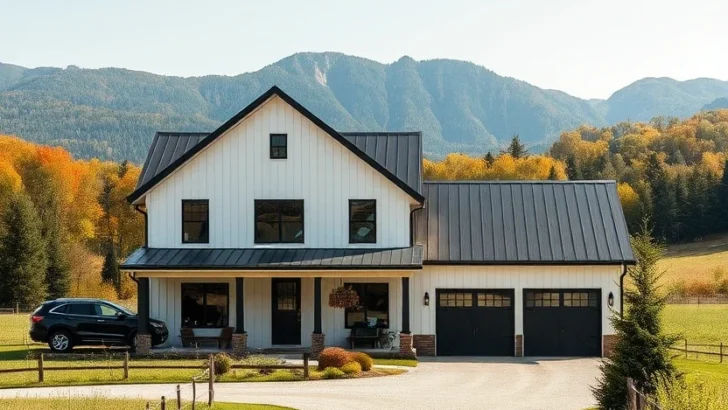 Black and white modern farmhouse with mountain views