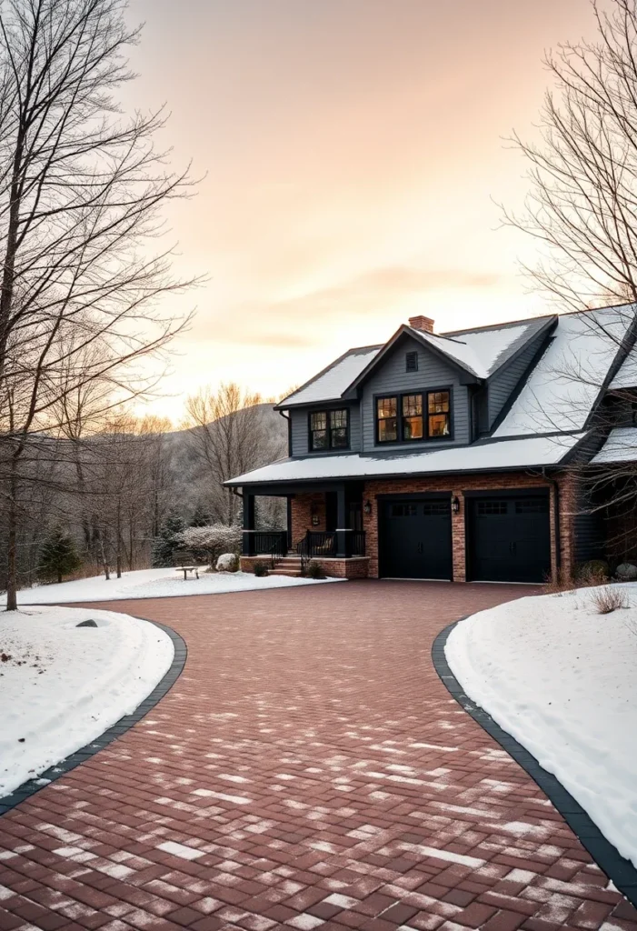 Modern farmhouse designs  with dark siding and brick driveway