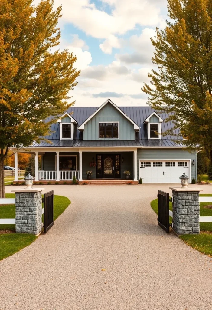 Modern farmhouse designs with blue-gray siding and large porch