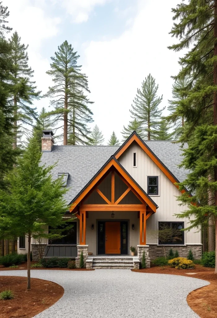 Rustic farmhouse exterior with exposed wood beams, stone accents, and a covered entryway.