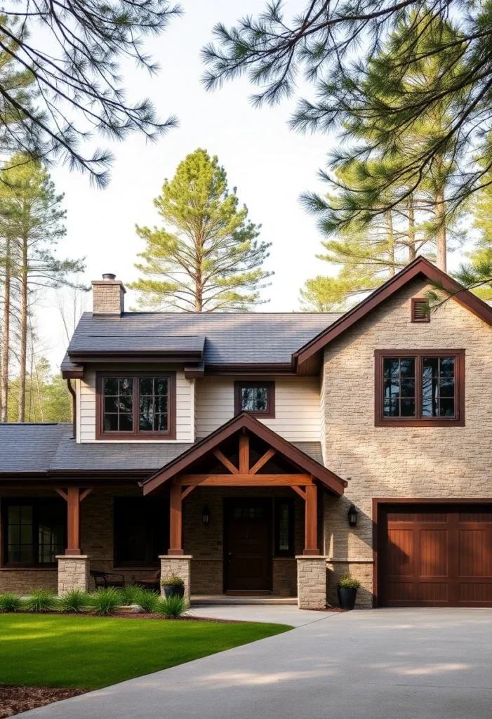 Modern farmhouse exterior with stone walls, wood beams, and a covered entryway.