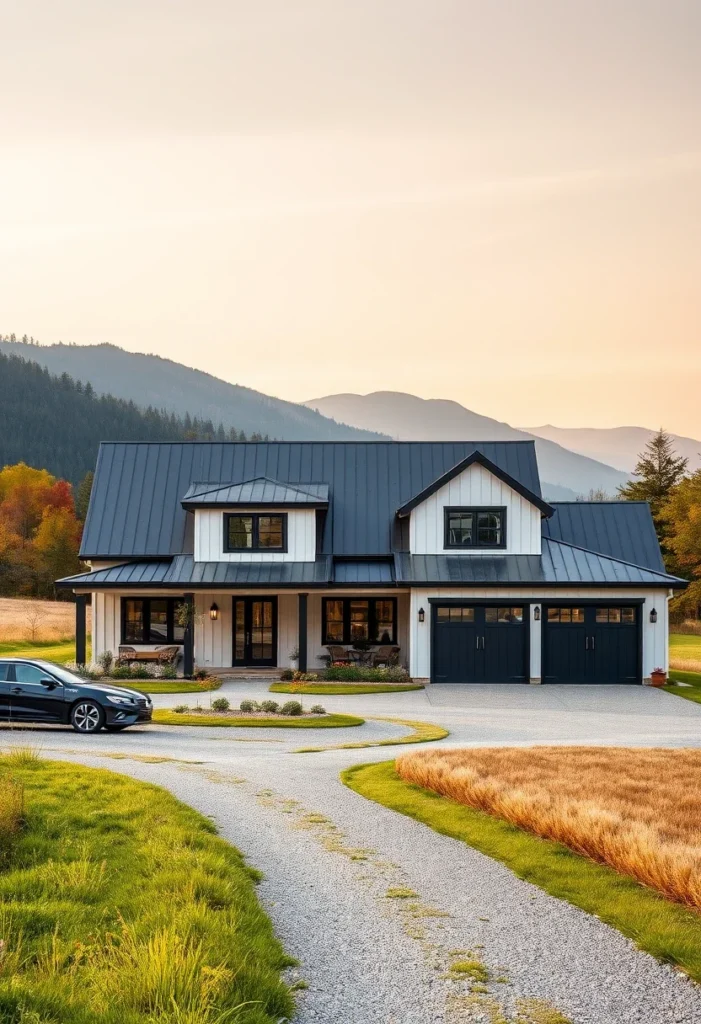 Modern farmhouse exterior with white siding, a black metal roof, and a covered front porch.