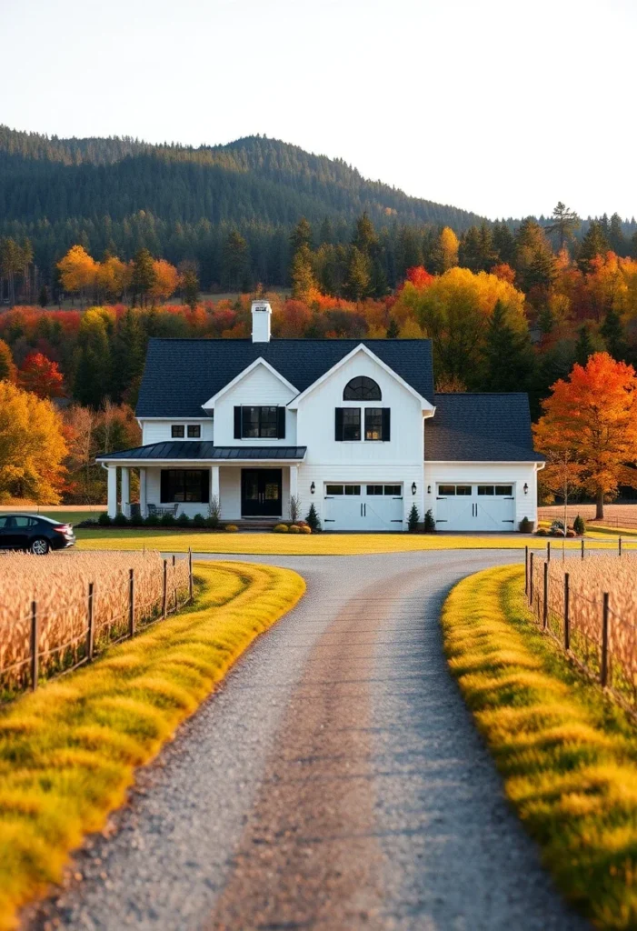 Classic white farmhouse with black shutters, a wraparound porch, and a scenic country driveway.