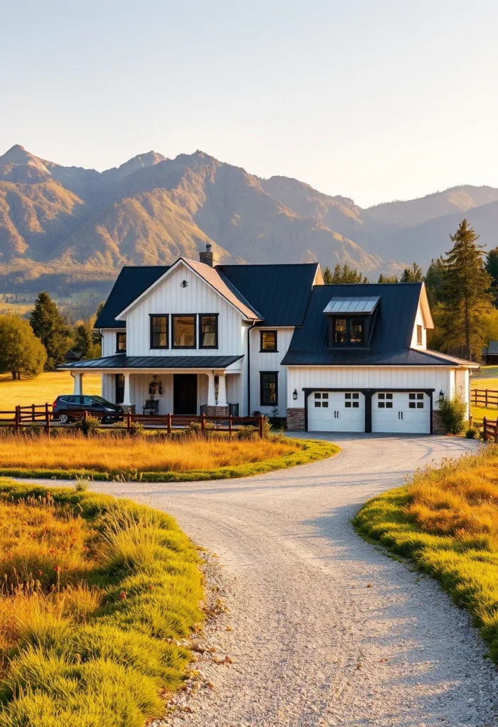 Modern farmhouse with white siding, a black metal roof, and a scenic mountain backdrop.