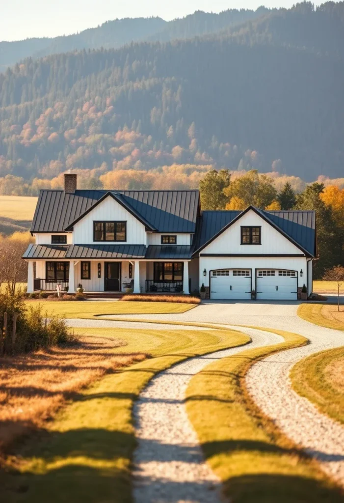 Scenic farmhouse with a winding gravel driveway, white siding, and a black metal roof.