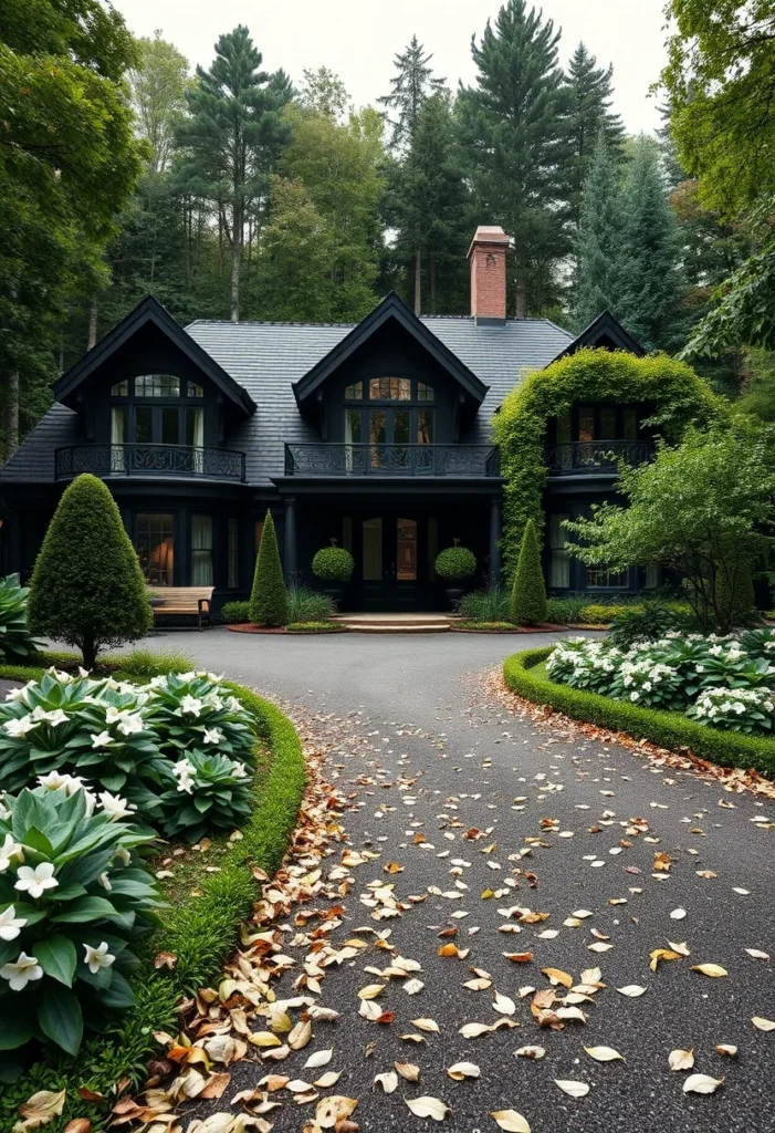 Black Luxury Mountain Mansion, Dark Exterior, Forest Setting