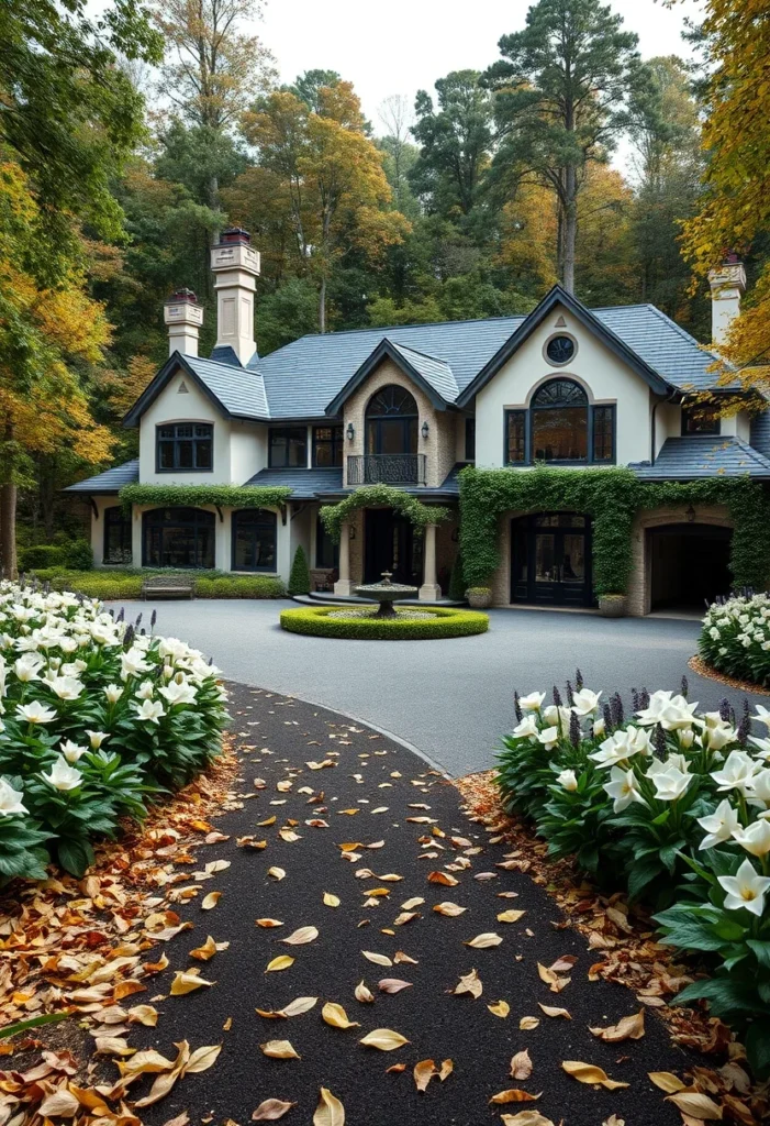 Luxury Mountain Mansion, Circular Driveway, Fountain, Ivy-Covered Walls