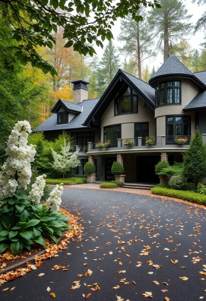 Luxury Mountain Mansion, Turret, Gables, Dark Trim, Forest Setting