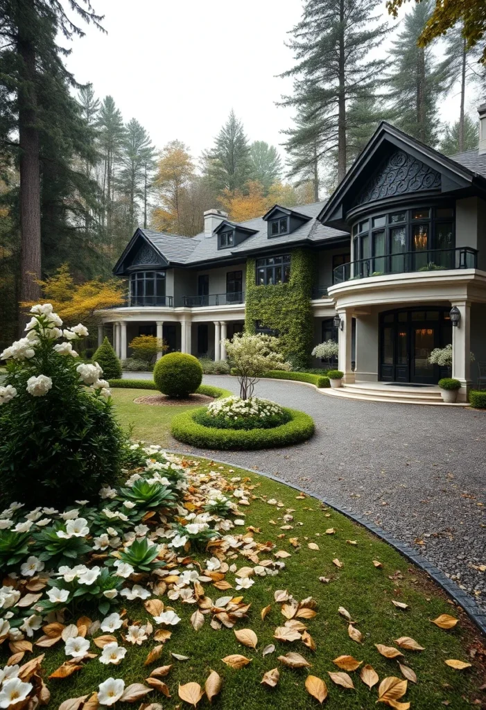 : Luxury Mountain Mansion, Ivy-Covered Wall, Dark Trim, Circular Driveway