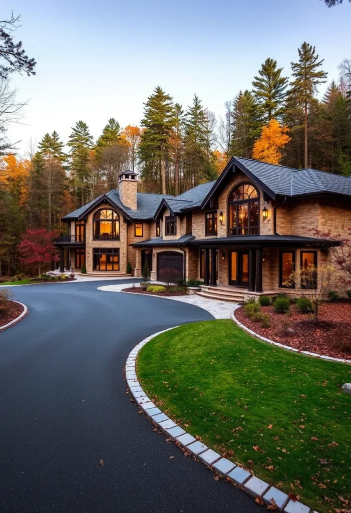 Luxury Stone Mountain Mansion, Exterior Lighting, Large Windows, Forest Setting