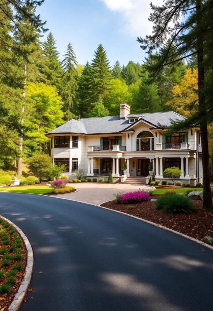 White Luxury Mountain Mansion, Forest Surroundings, Long Driveway, Landscaping