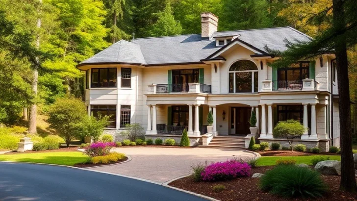 White Luxury Mountain Mansion, Forest Surroundings, Long Driveway, Landscaping