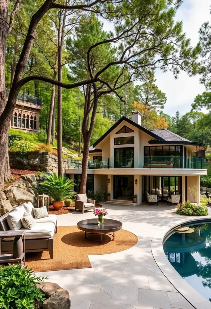 Luxury Mountain Mansion, Patio, Pool, Large Windows, Forest Setting