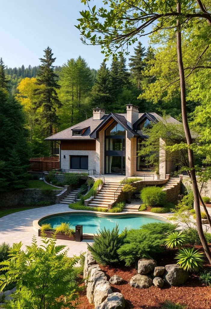 Multi-Level Luxury Mountain Mansion, Pool, Stone Retaining Walls, Forest Setting