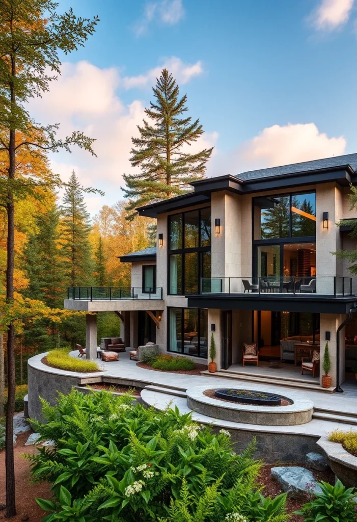 Modern Luxury Mountain Mansion, Large Windows, Terraced Landscaping, Hillside Setting luxury mountain mansions