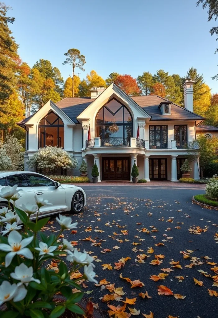 White Luxury Mountain Mansion, Arched Windows, Elegant Exterior