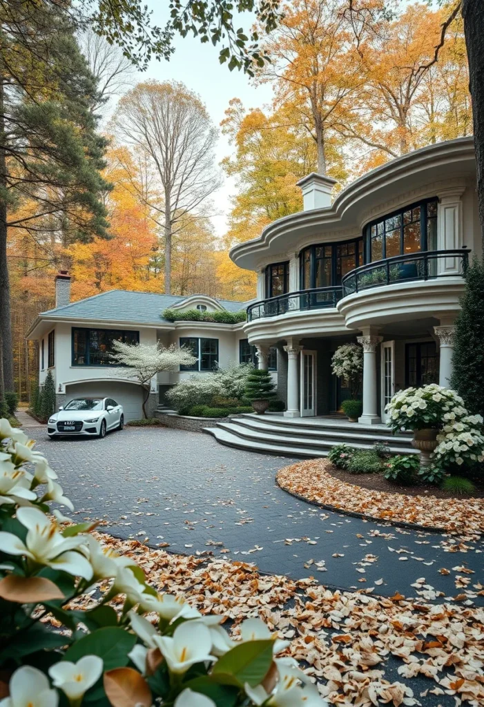 Luxury Mountain Mansion, Rounded Architecture, Columns, Fall Colors, Forest Setting luxury mountain mansions