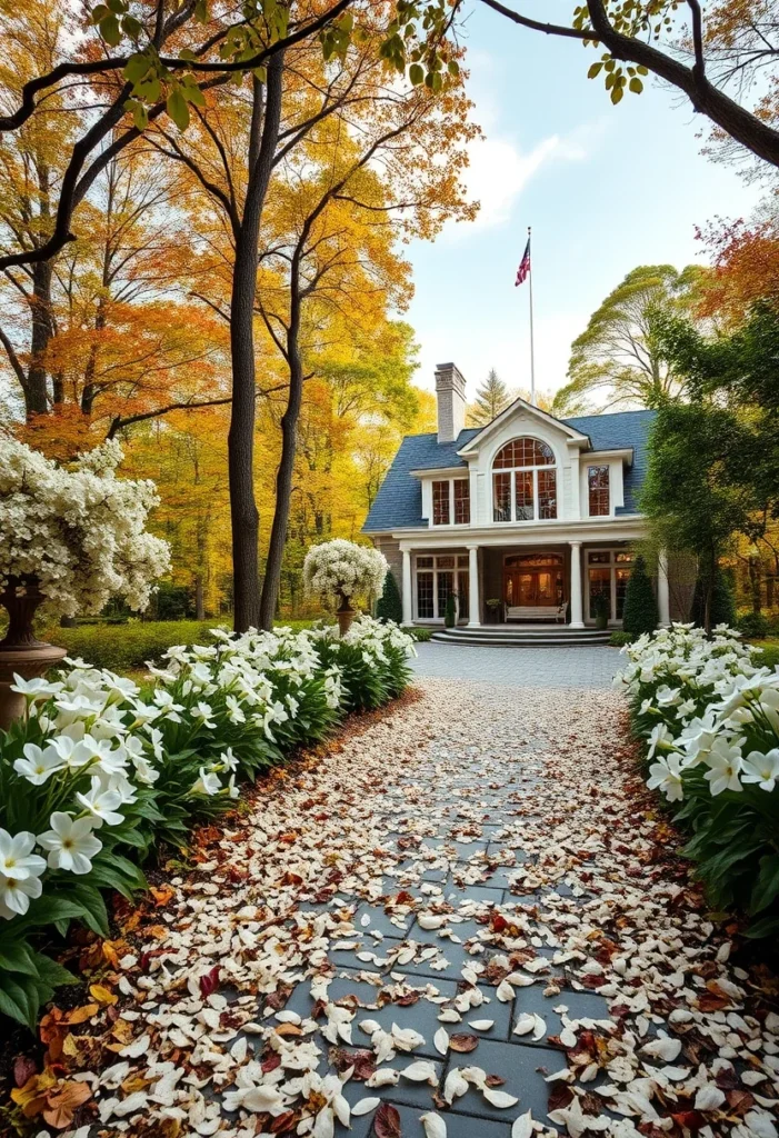 Luxury Mountain Home, Inviting Porch, White Flowers, Fall Landscaping