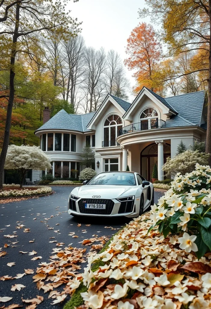 Luxury Mountain Mansion, Elegant Design, Multiple Rooflines, White Exterior