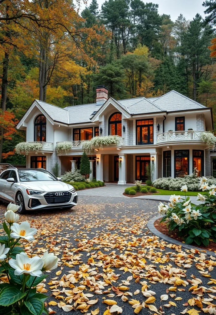 Luxury Mountain Mansion, Multiple Balconies, Exterior Lighting, White Facade