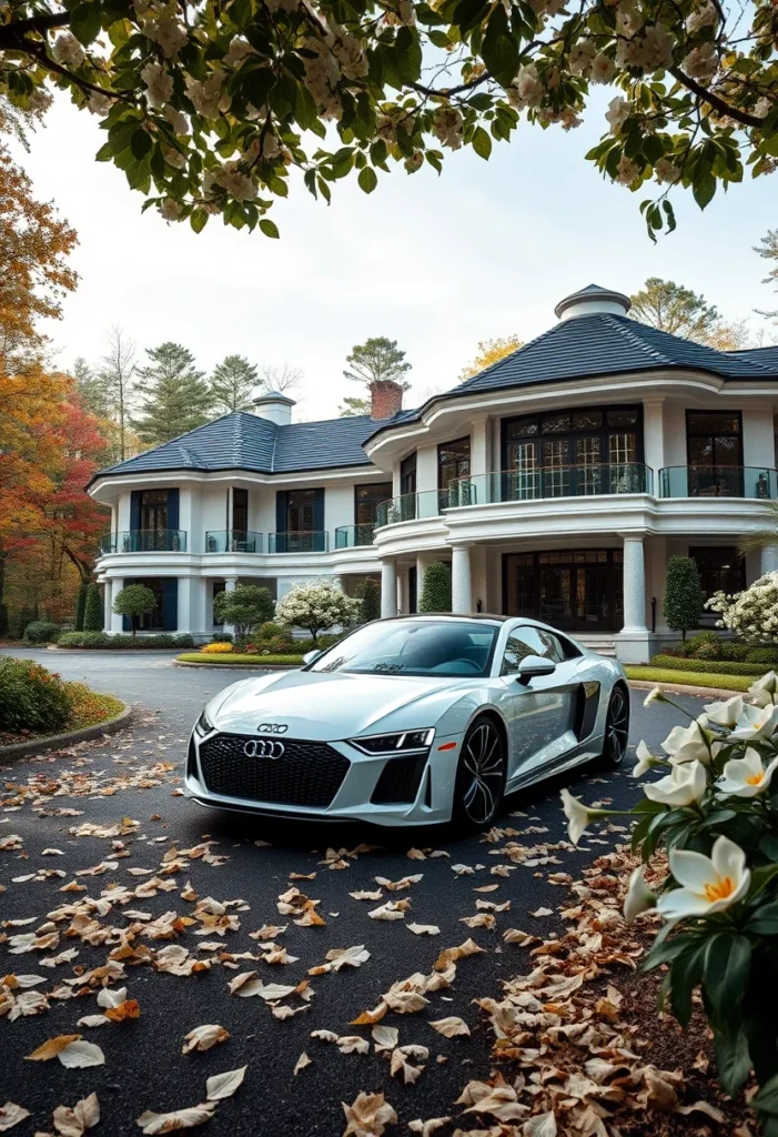 Luxury Mountain Mansion, Circular Driveway, Symmetrical Design, Wrap-Around Balcony