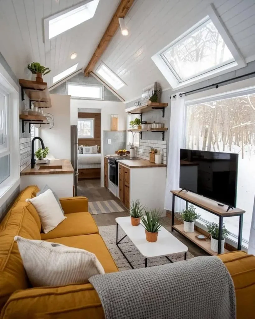  Tiny house interior with skylights and white walls