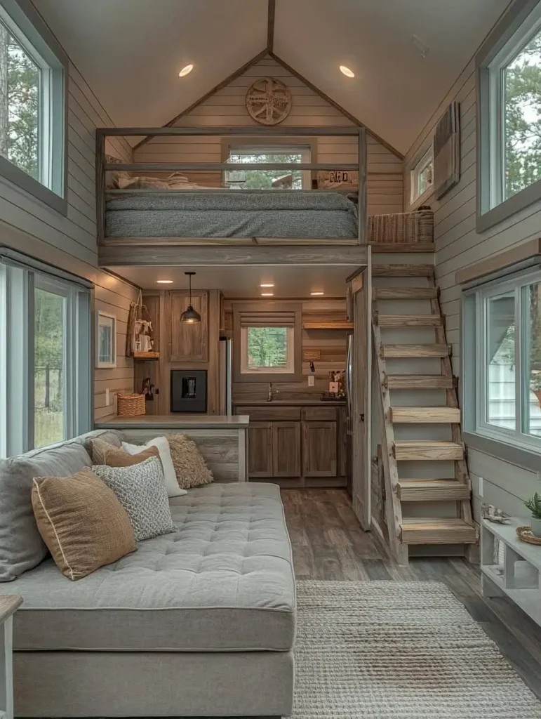 Tiny house interior with grey-washed wood walls and large sectional.