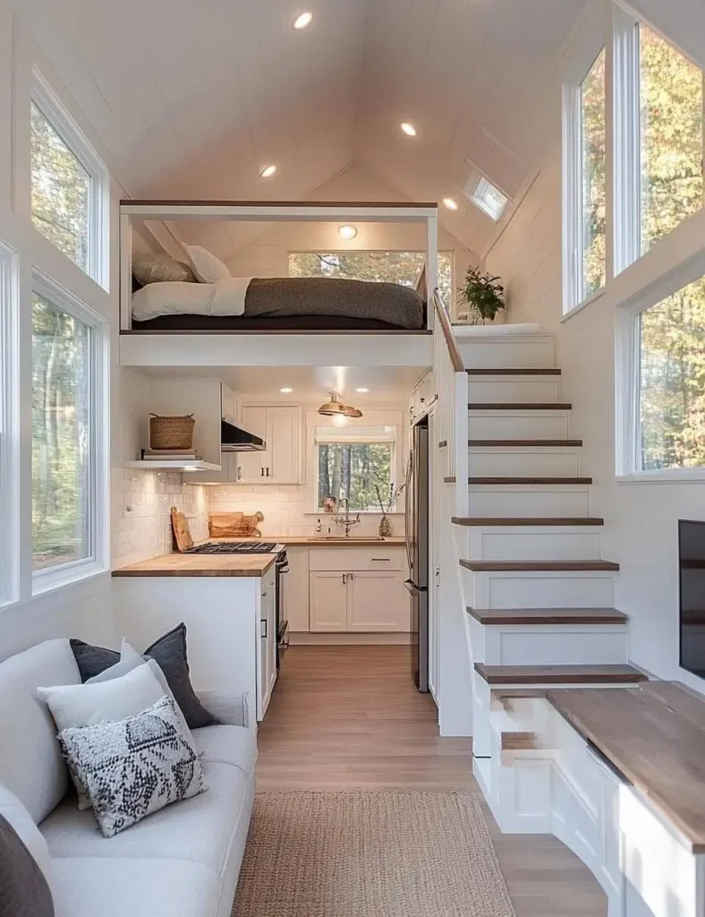 Tiny house interior with a loft that includes a window.