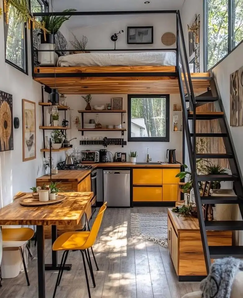 Tiny house interior with yellow kitchen cabinets and black metal railing.