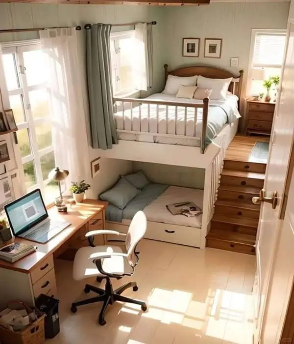 Tiny house interior with bunk beds and a small desk area.