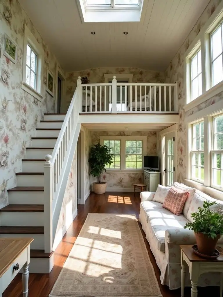 Tiny house interior with patterned wallpaper and a skylight.