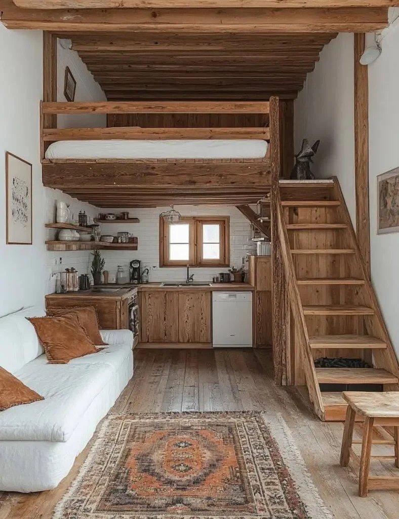 Tiny house interior with exposed wooden beams in loft.