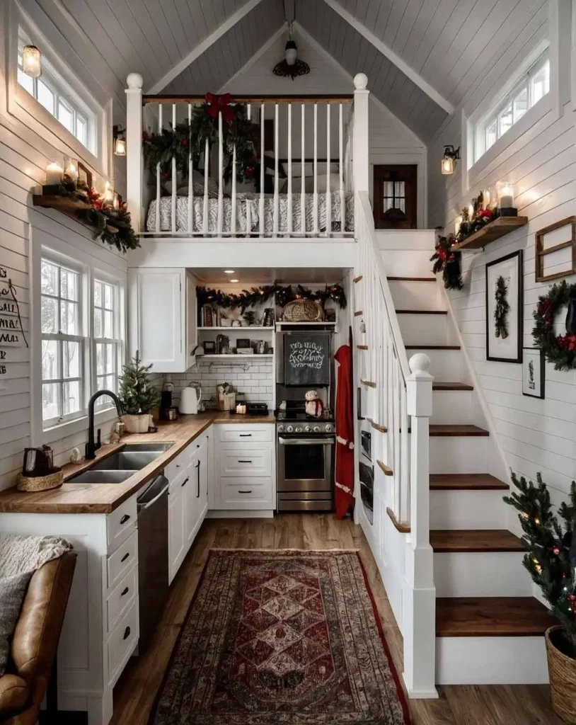 Tiny house interior decorated for the holidays with wreaths and garlands.