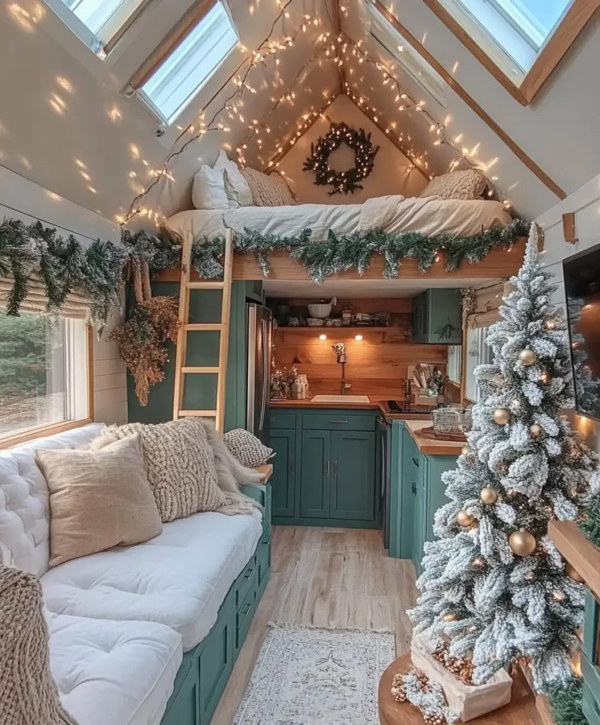 Tiny house interior with string lights in loft and green cabinets.