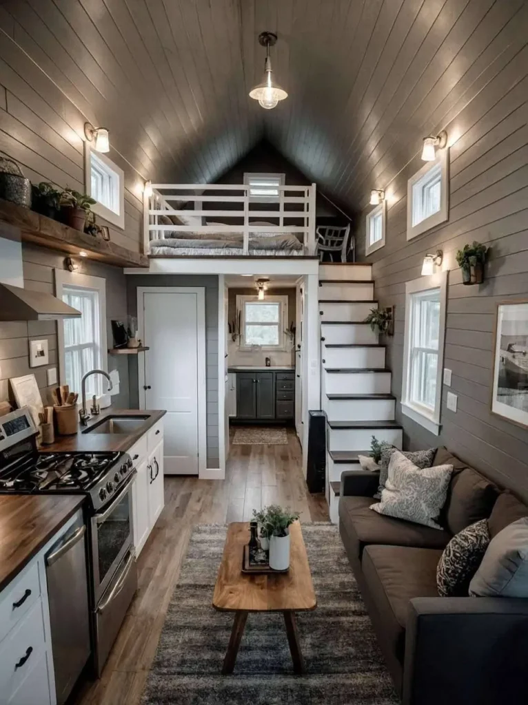 Tiny house interior with wall-mounted sconces and gray walls.