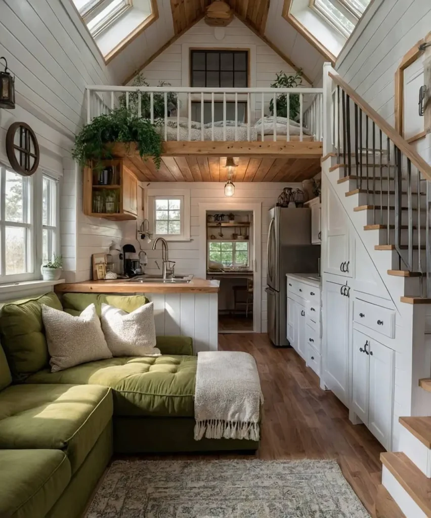 Tiny house interior with cozy loft and wooden accents.